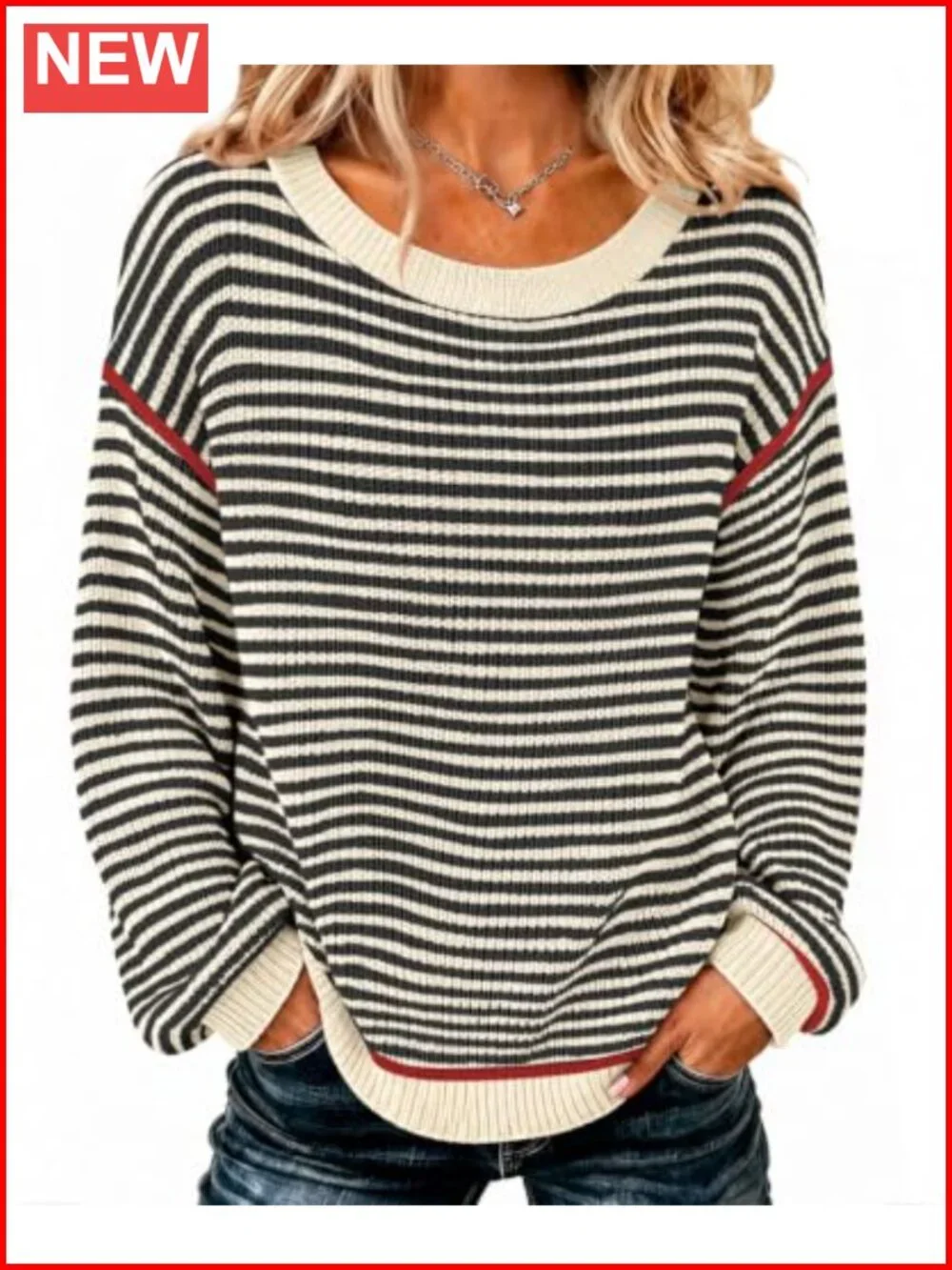 Oversized Striped Pullover Sweater Soft Knit Crew Neck Long Sleeve